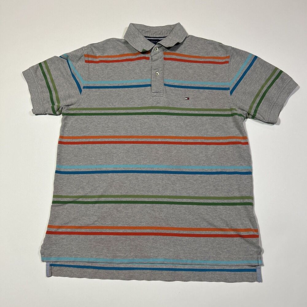 Tommy Hilfiger Polo Shirt Adult Large Gray Striped Flag Logo Preppy Mens